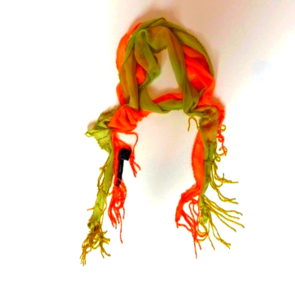 2 SILK Skinny Scarfs in Beaded Tassels in Orange & Green Silk Chiffon
